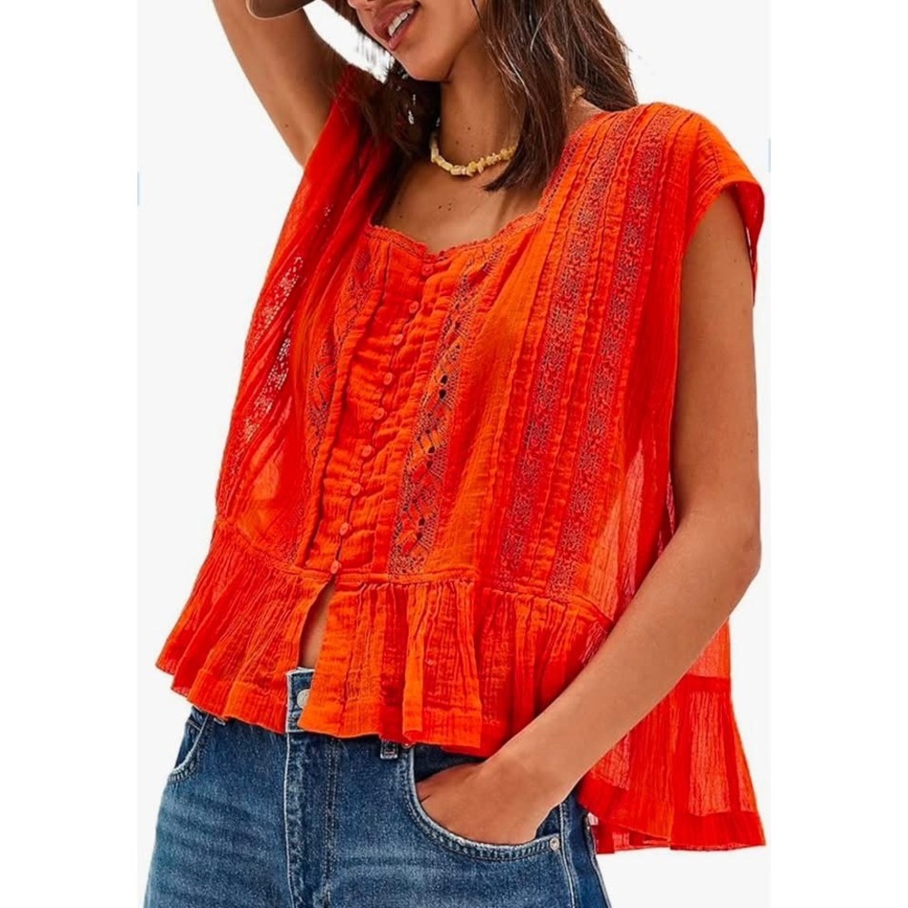 Boho Orange Lace Crochet Pintuck‎ Peplum Blouse Sleeveless Cotton Top Small